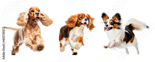Group of dogs running on white. Generative Ai  © D85studio