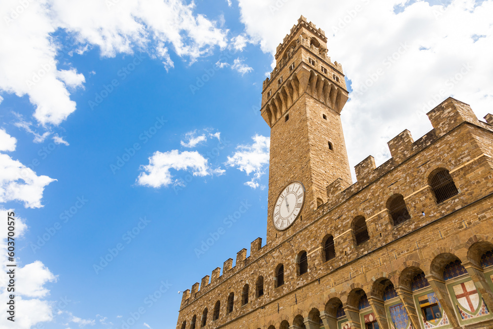 Florence, Italy. The Old Palace tower - named Palazzo Vecchio - with blue sky. Copy space, nobody.