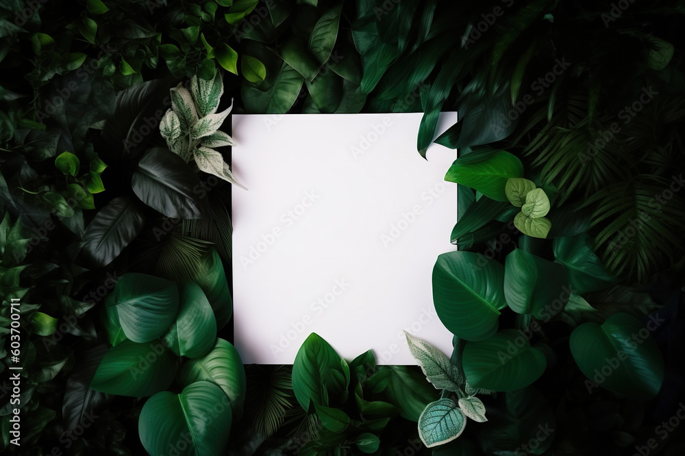 White paper card on lay green leaves texture top view background. Creative layout in nature concept. Created with Generative AI Technology