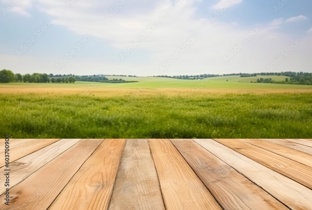 Empty wooden table and grass field background. Ready for product display montage Empty wooden table and grass field background. Ready for product display montage