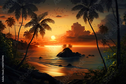 Palm trees at sunset by the sea on a colorful background. illustration of Generative AI.