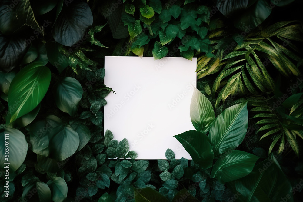 White paper card on lay green leaves texture top view background. Creative layout in nature concept. Created with Generative AI Technology White paper card on lay green leaves texture top view background. Creative layout in nature concept. Created with Generative AI Technology