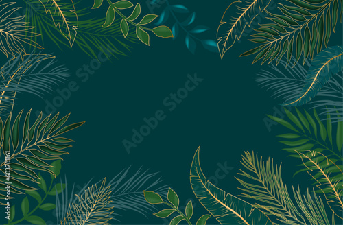 tropical banner vector on dark green background. card with green and gold tropical leaves