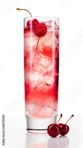 Shirley Temple mocktail, glass filled with ice and a cherry on top. AI generative drink. photo