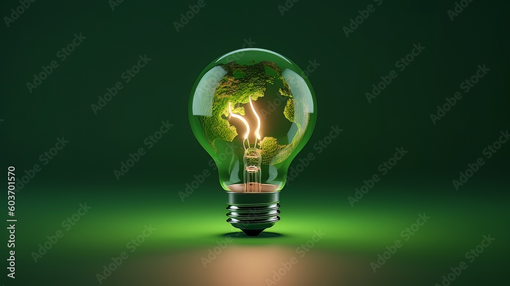 Light bulb, globe represents renewable energy., sustainable energy sources. Green globe light bulb that represents green energy Generative Ai. Light bulb, globe represents renewable energy., sustainable energy sources. Green globe light bulb that represents green energy Generative Ai.