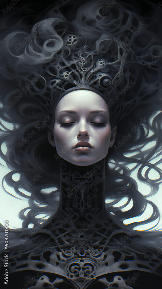 Fantasy dark gothic portrait of a feminine character. Created with Generative AI technology.