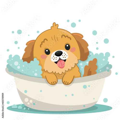 Illustration of a happy puppy being bathed in a bathtub. Vector illustration.