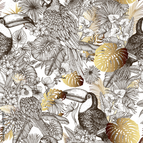 Seamless vector pattern with birds surrounded by tropical flowers and plants in engraving style. Macaw parrot, toucan and corella parrot photo