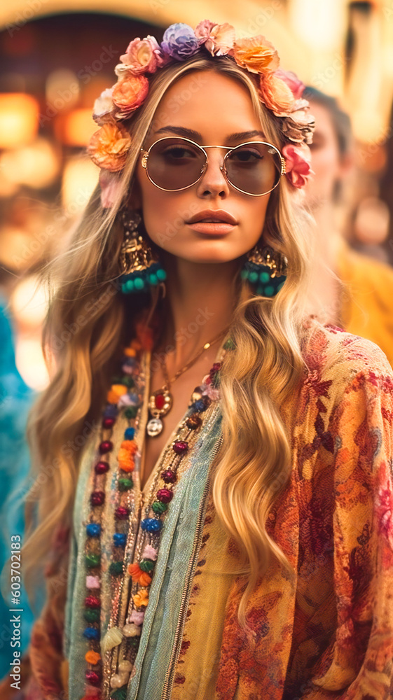 Beautiful colorful dressed hippie young woman. Created with Generative AI technology. Beautiful colorful dressed hippie young woman. Created with Generative AI technology.