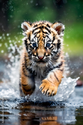 Cute baby tiger running through the water in wilderness. Created with Generative AI technology.