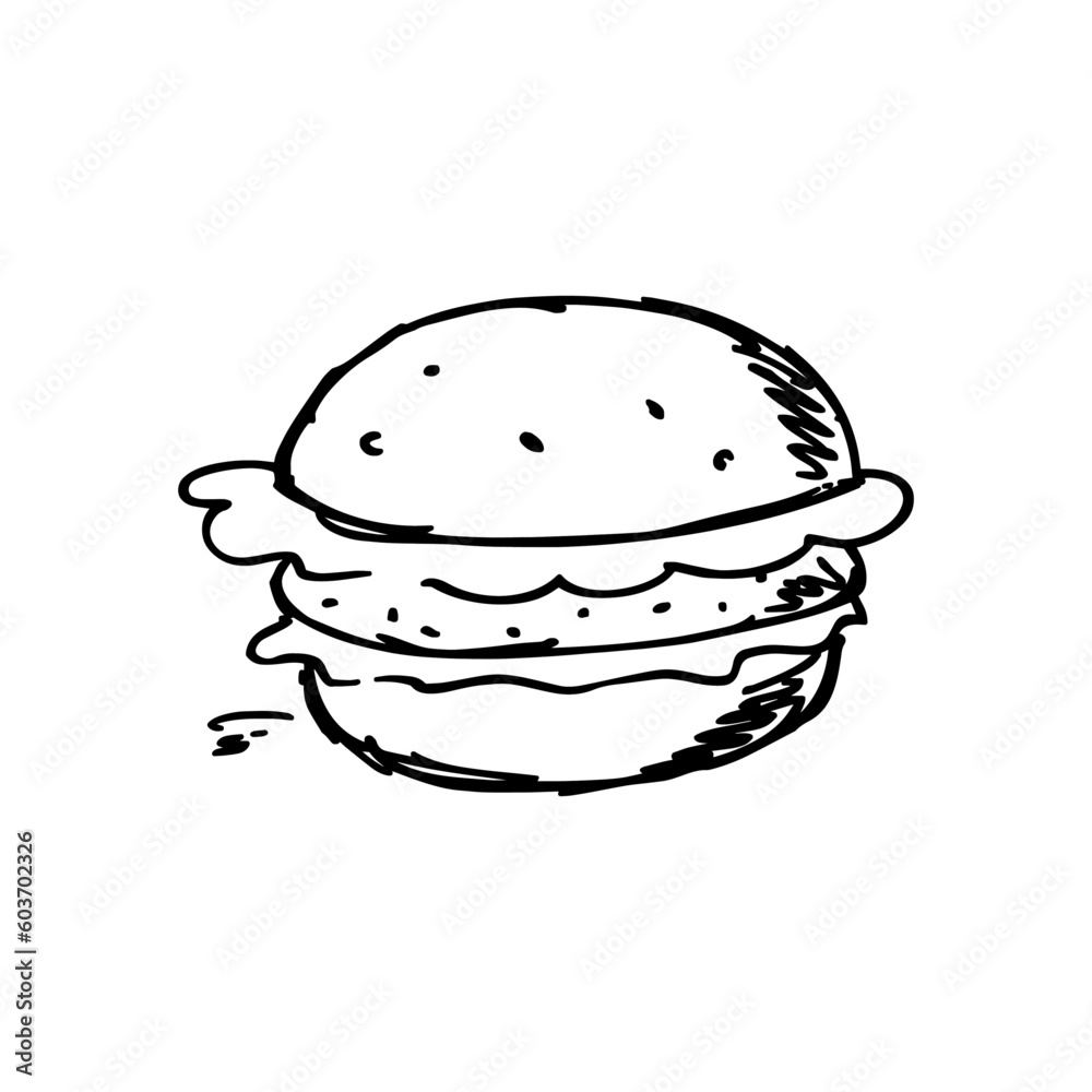 Burger doodle icon. Hand drawn illustration of burger vector icon for web design