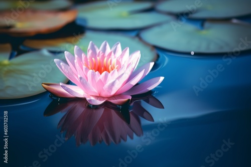   Beautiful Pink Lotus, water plant with reflection in a pond  .Generative Ai