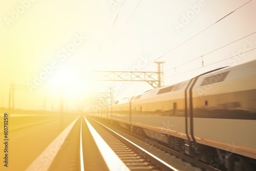high speed train leaves train station at sunset, modern train enjoy smooth journey on the rail line