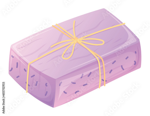 A bar of homemade pink scented soap tied with a string. Vector isolated cartoon illustration of cosmetic hygiene product.