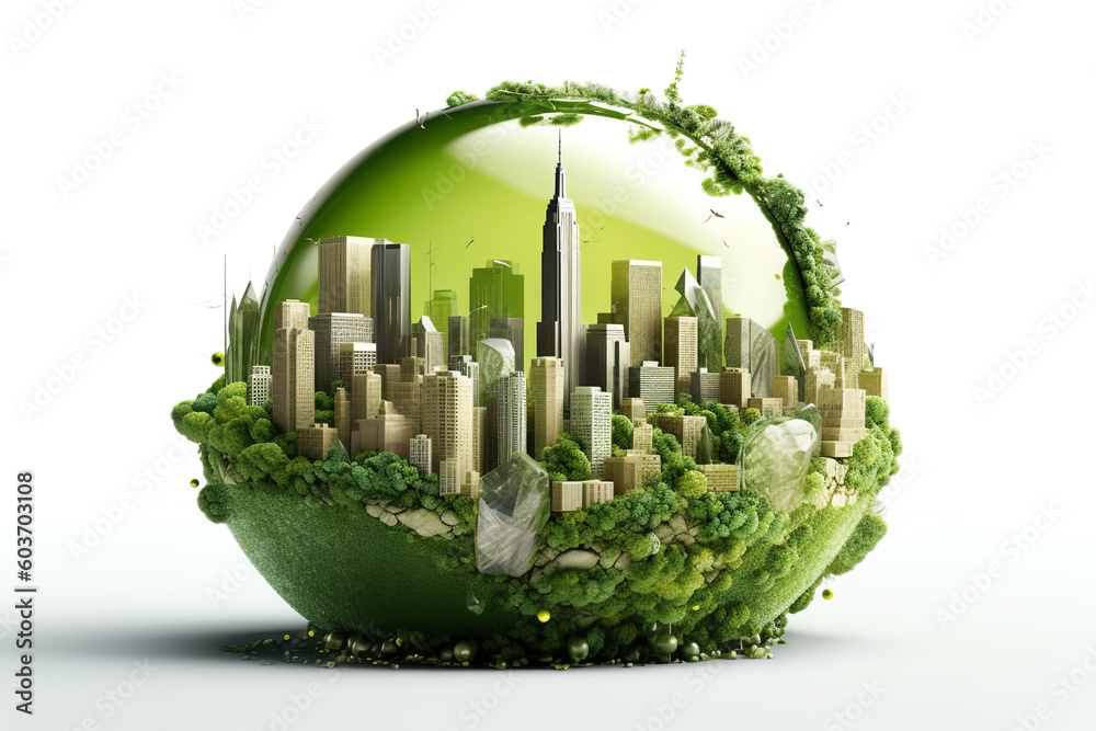A green globe with a city in it. AI generative.