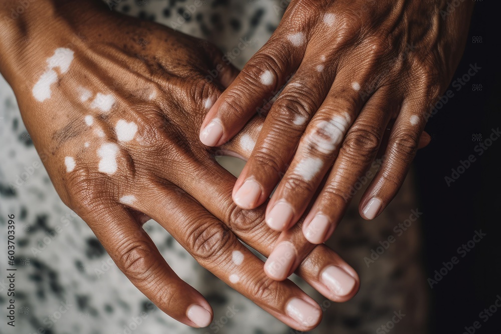 Fototapeta premium Hands of an african woman with vitiligo skin condition. AI generative