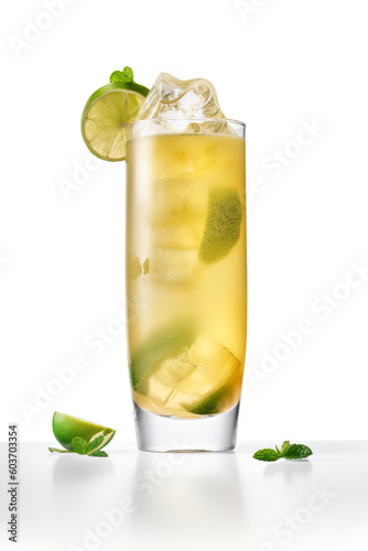 Ginger Beer Mocktail in tall glass with citrus slice and ginger root, AI generative image on white background