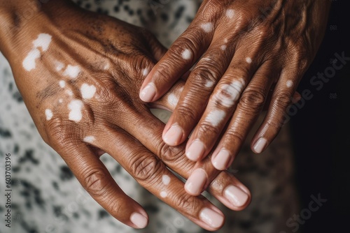 Hands of an african woman with vitiligo skin condition. AI generative photo