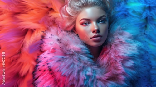 Winter fashion style. Beautiful woman in fur coat. Generative AI.
