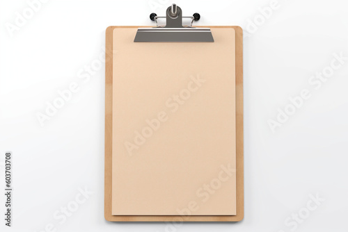 Real photo, wooden clipboard with blank a4 paper mockup template, isolated on light grey background.
