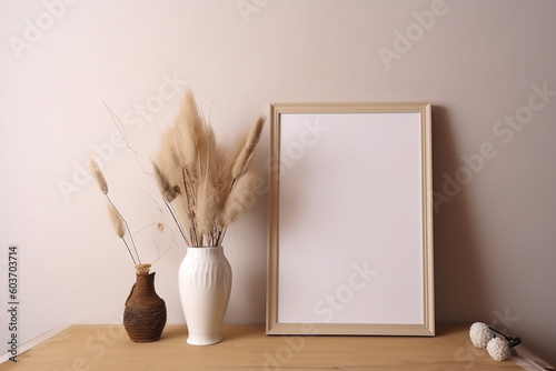 Empty wooden picture frame mockup hanging on beige wall background. Boho shaped vase, dry flowers on table. Cup of coffee, old books. Working space, home office.