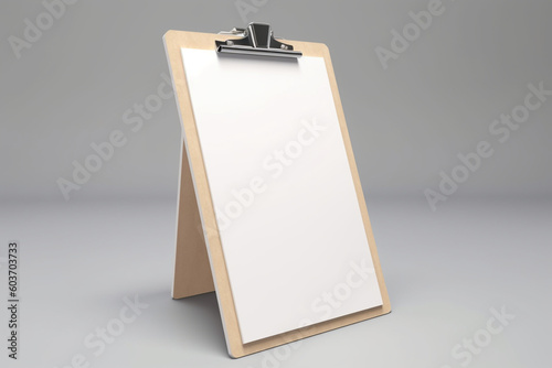 Real photo, wooden clipboard with blank a4 paper mockup template, isolated on light grey background.