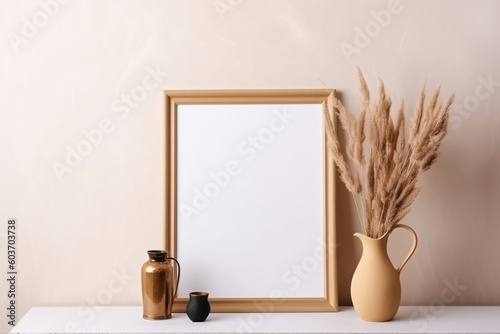 Empty wooden picture frame mockup hanging on beige wall background. Boho shaped vase, dry flowers on table. Cup of coffee, old books. Working space, home office.