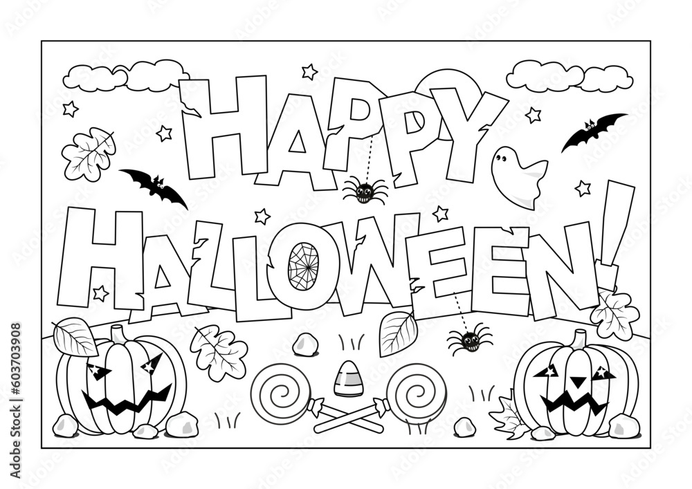Halloween coloring page, poster, sign or banner. 