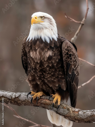 Bald eagle on a tree branch in search of prey
