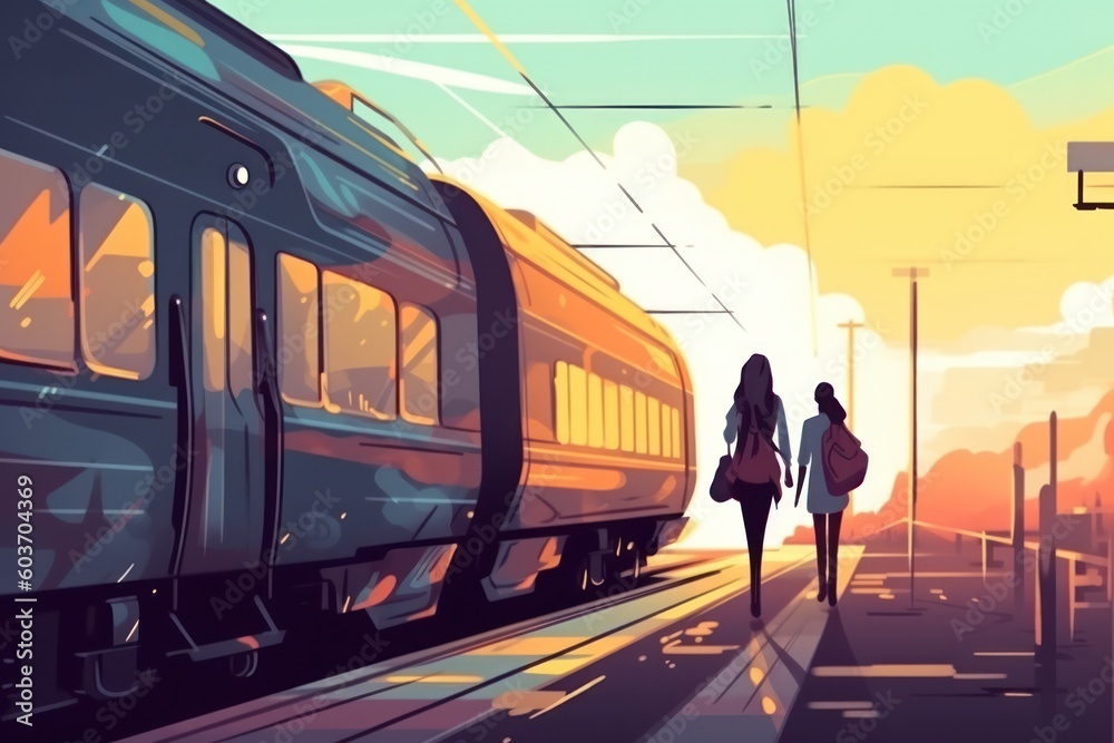 illustration of railway station, two woman stands at the platform, travel by train and adventures