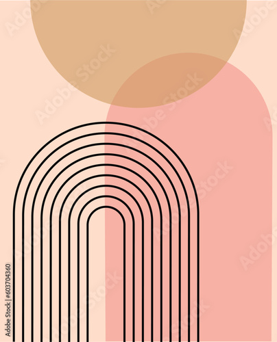 Mid century modern minimalist art print with organic natural shape of arch and rainbow. Abstract contemporary aesthetic background with geometric shapes
