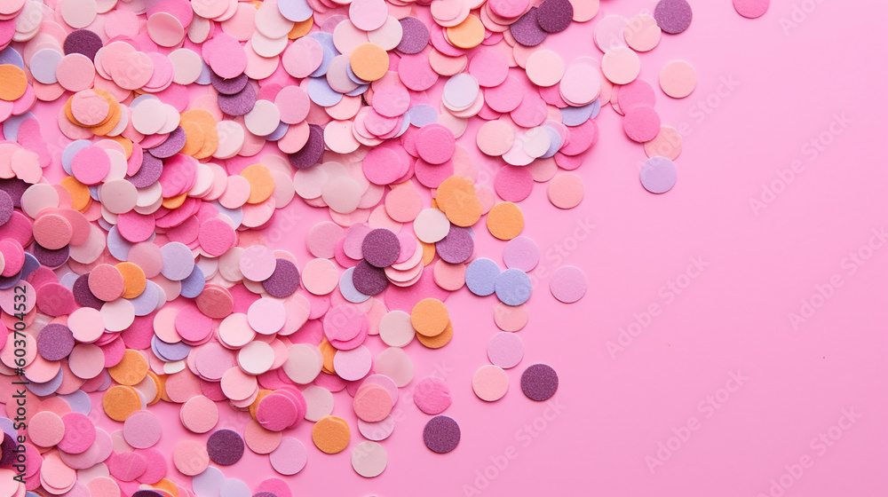 Colorful paper confetti on pink background. Celebration concept. Flat lay. Top view. Generative AI