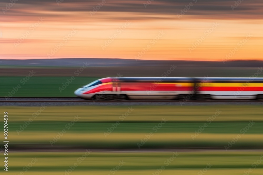 dynamic moment of a high speed train passing country side at sunset.motion blur dramatic