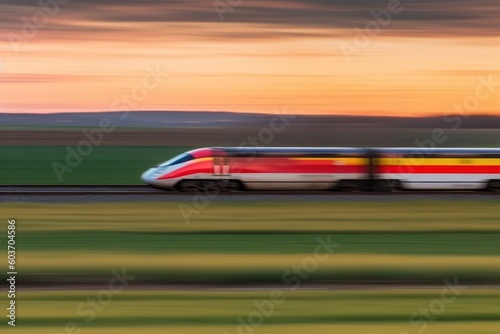 dynamic moment of a high speed train passing country side at sunset.motion blur dramatic