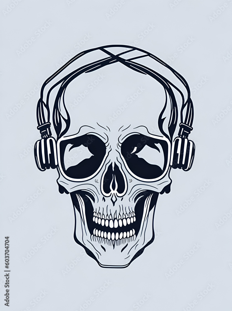Cartoon skull with headphones. AI generated illustration Cartoon skull with headphones. AI generated illustration