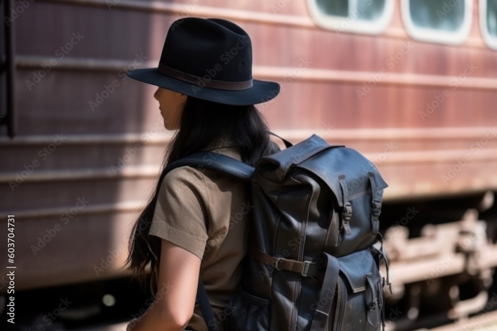 Fototapeta premium railway station where woman with backpack patiently waits for a passenger train travel experiences