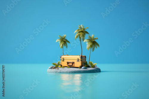 Tropical island with a yellow travel suitcase. Generative ai
