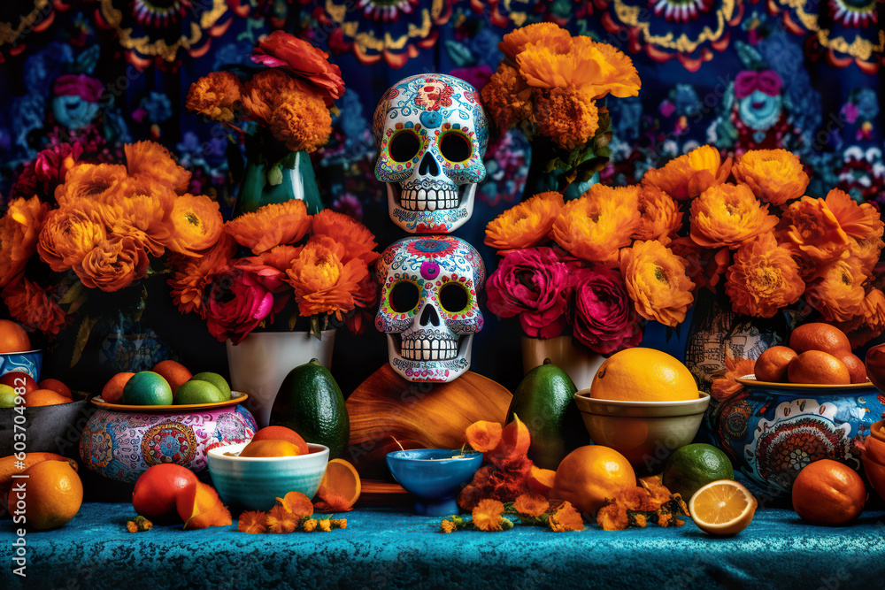 A table topped with bowls of fruit and flowers. AI generative. Day of the Dead picturesque display