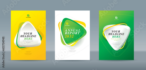 Illustration of 3d rounded triangles overlapping with yellow white green gradient background. A4 size book cover template for annual report, magazine, booklet, proposal, portfolio, brochure, poster