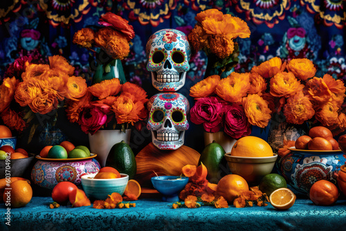 A table topped with bowls of fruit and flowers. AI generative. Day of the Dead picturesque display © Friedbert