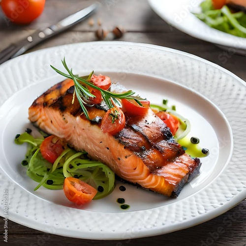 Salmon fillet grilled with fresh vegetable, perfect for diet