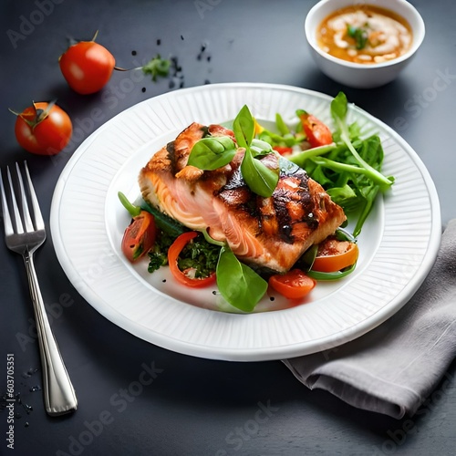 Salmon fillet grilled with fresh vegetable, perfect for diet