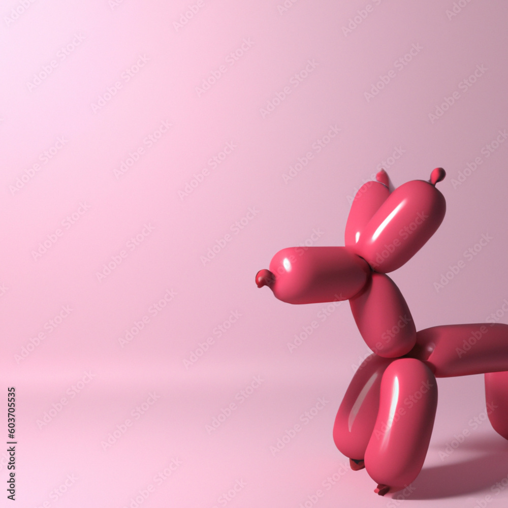 Fototapeta premium 3D render of a small pink balloon dog in a light pink room.generative with Ai