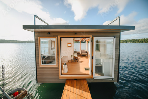 A houseboat sitting on top of a body of water. AI generative. Tiny house, houseboat. photo