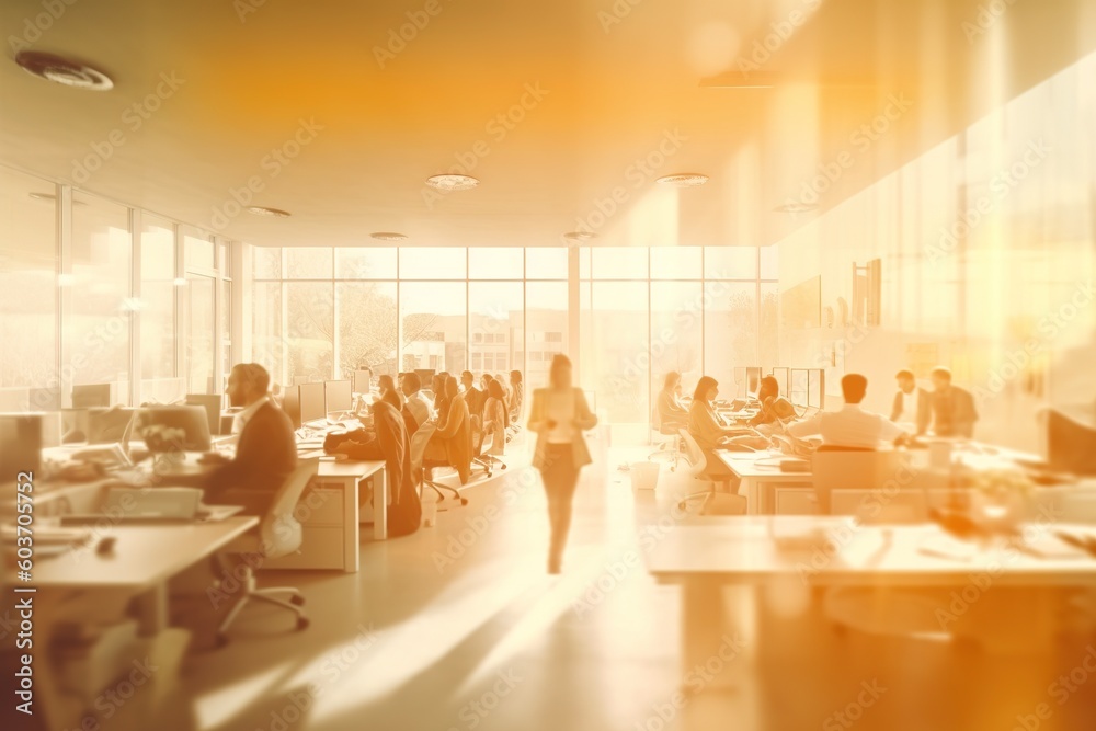 Busy workplace in motion, energetic blur of people engaged in various ...