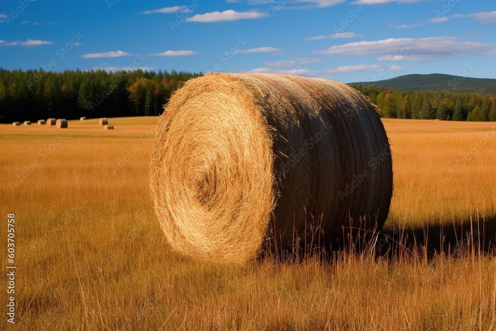 Golden harvest, serene field with majestic hay bale on a sunny sky-blue day, generative ai beautiful art