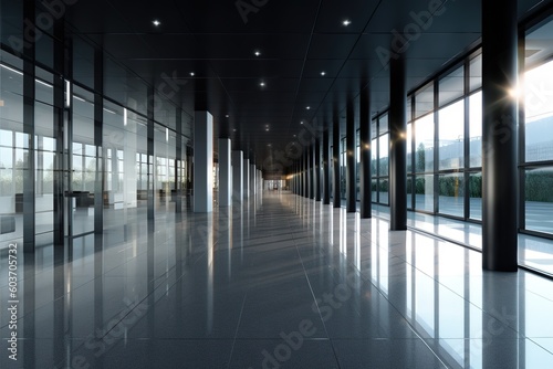 Spacious glass-clad corridor with light silver aesthetics, creating a sleek and modern atmosphere, generative ai beautiful art