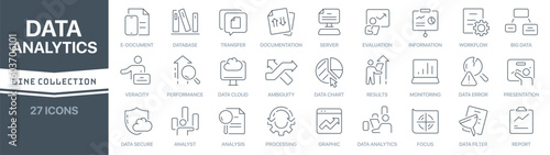 Data analytics linear signed icon collection. Signed thin line icons collection. Set of data analytics simple outline icons