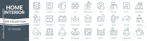 Home interior linear signed icon collection. Signed thin line icons collection. Set of home interior simple outline icons