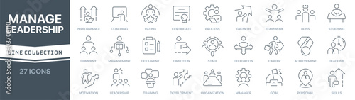 Manage and leadership linear signed icon collection. Signed thin line icons collection. Set of manage and leadership simple outline icons